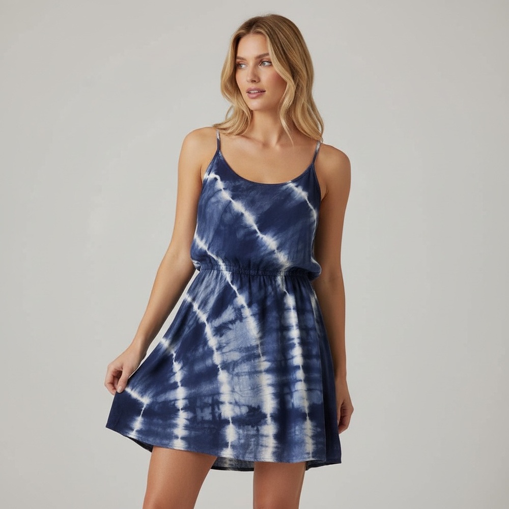 Forever 21 Blue Tie Dye Open Back Mini Dress Medium Skater Tank Straps Beach
